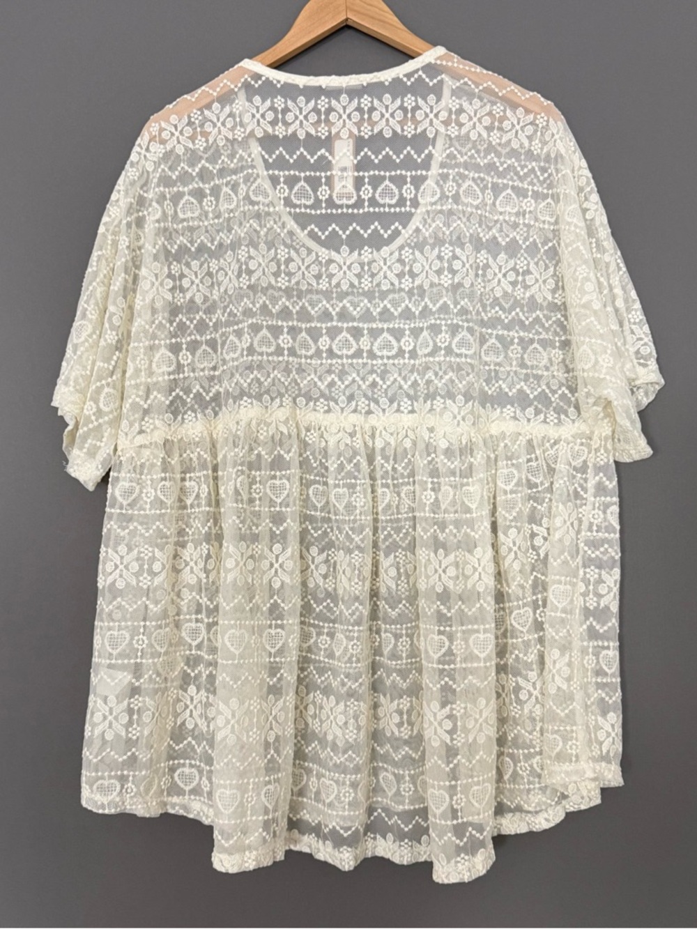 Basil 🩷 Lola Lace Peplum Blouse Top Sheer Ivory White Womens Large Boho Festival - Picture 2 of 7